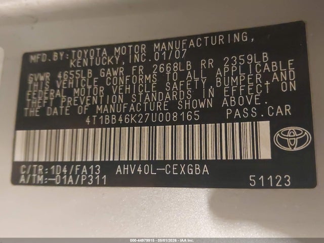 44979915 :رقم المزاد ، 4T1BB46K27U008165 vin ، 2007 Toyota Camry Hybrid مزاد بيع