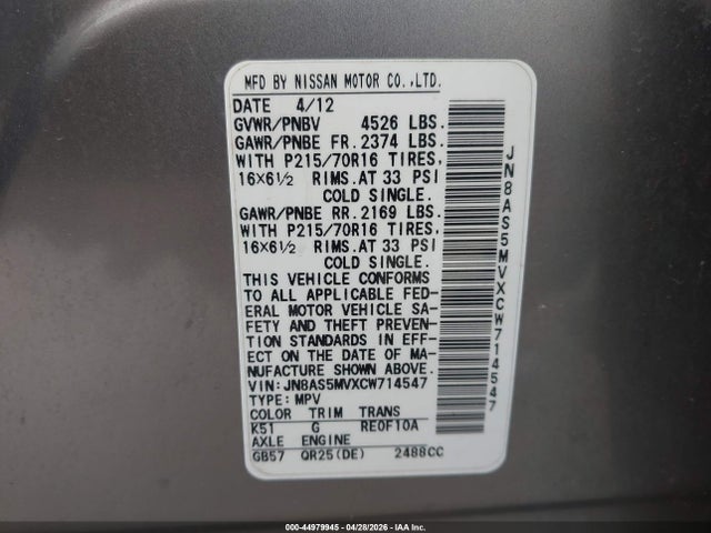 Продажа на аукционе авто 2012 Nissan Rogue S, vin: JN8AS5MVXCW714547, номер лота: 44979945