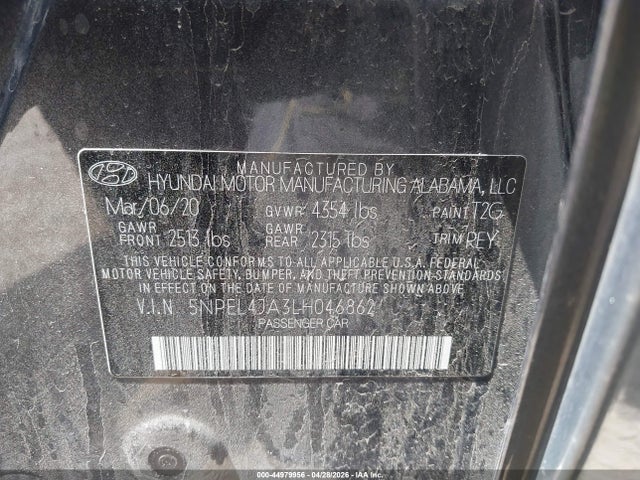 2020 Hyundai Sonata Sel მანქანა იყიდება აუქციონზე, vin: 5NPEL4JA3LH046862, აუქციონის ნომერი: 44979956