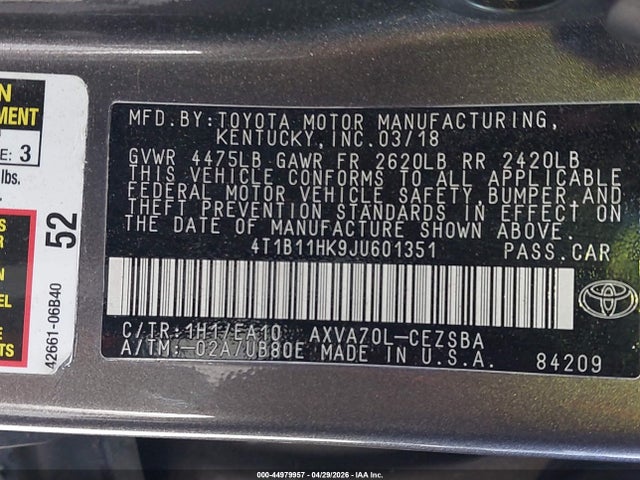 4T1B11HK9JU601351 Toyota CAMRY SE