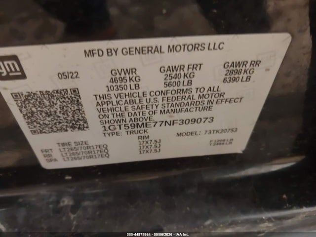 44979964 :رقم المزاد ، 1GT59ME77NF309073 vin ، 2022 Gmc Sierra 2500hd 4wd  Standard Bed Sle مزاد بيع