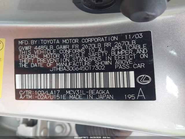 Aukcja sprzedaży 2004 Lexus Es 330, vin: JTHBA30G645017302, numer aukcji: 44979972