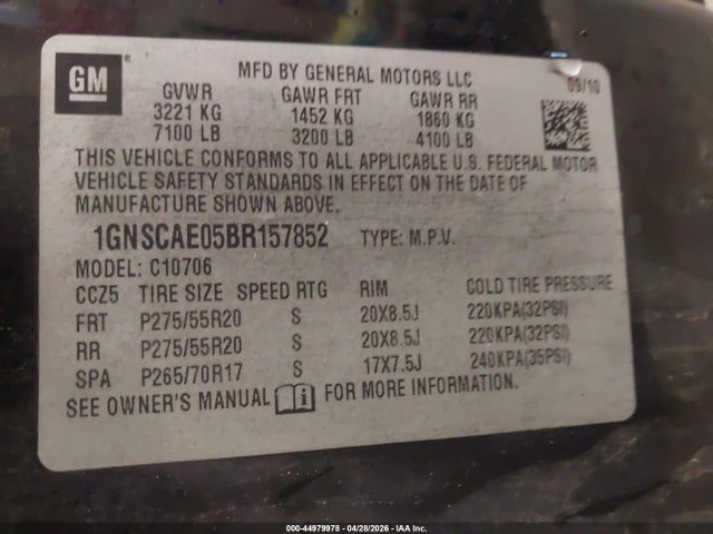 Продаж на аукціоні авто 2011 Chevrolet Tahoe Ls, vin: 1GNSCAE05BR157852, номер лоту: 44979978