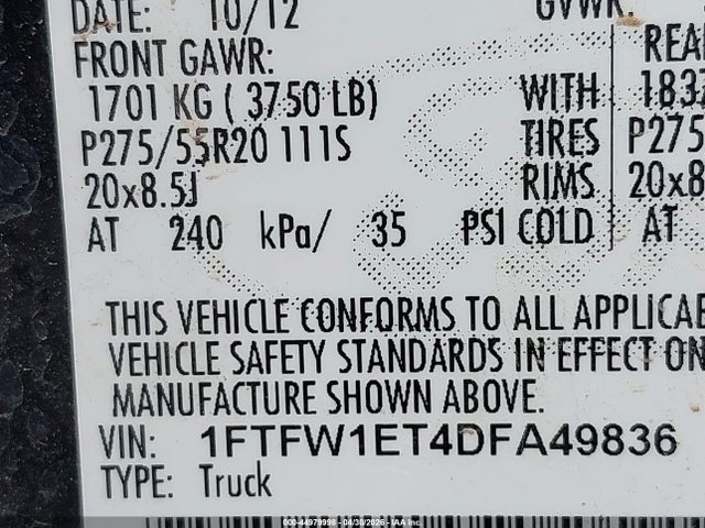44979998 :رقم المزاد ، 1FTFW1ET4DFA49836 vin ، 2013 Ford F-150 Lariat مزاد بيع