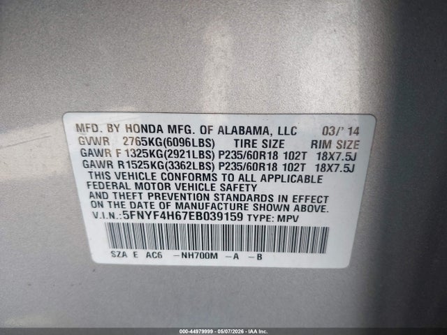 Honda Pilot Ex-l 2014 5FNYF4H67EB039159 Image 9