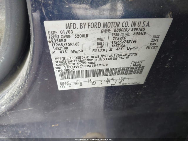 Aukcja sprzedaży 2003 Ford F-250 Lariat/xl/xlt, vin: 1FTNW21P23EB89138, numer aukcji: 44980001