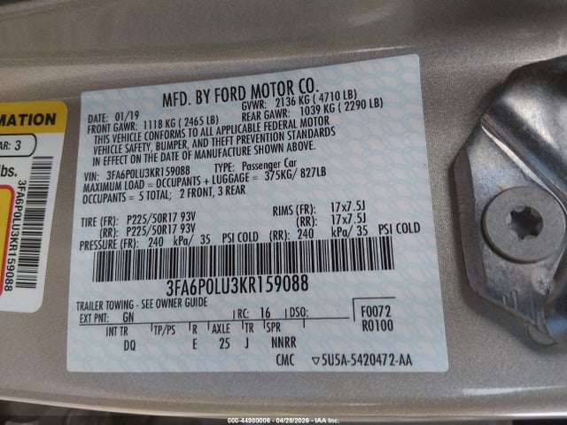 44980006 :رقم المزاد ، 3FA6P0LU3KR159088 vin ، 2019 Ford Fusion Hybrid Se مزاد بيع