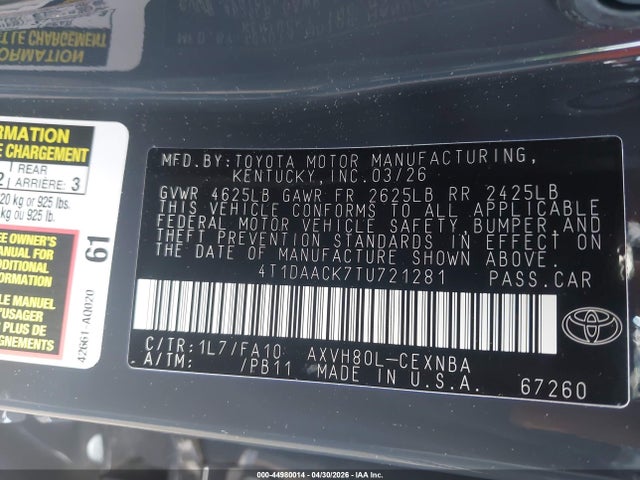 44980014 :رقم المزاد ، 4T1DAACK7TU721281 vin ، 2026 Toyota Camry Le مزاد بيع
