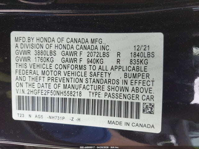 2HGFE2F50NH558218 Honda Civic Sport