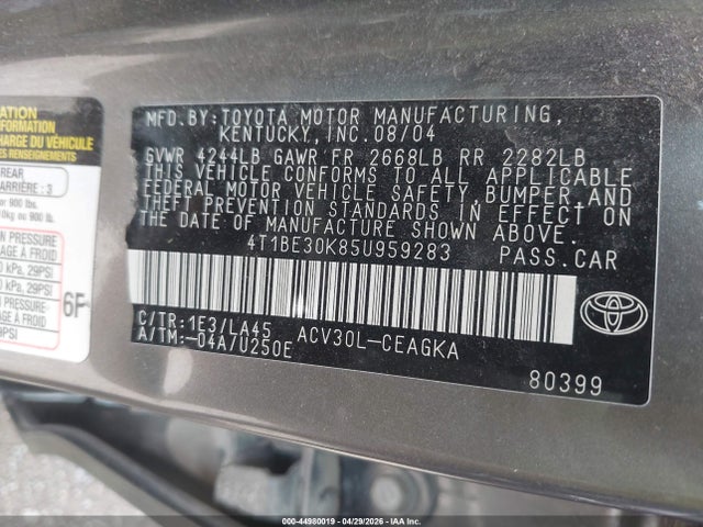 Aukcja sprzedaży 2005 Toyota Camry Xle, vin: 4T1BE30K85U959283, numer aukcji: 44980019