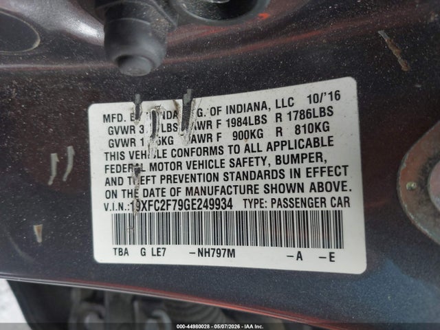 Aukcja sprzedaży 2016 Honda Civic Ex, vin: 19XFC2F79GE249934, numer aukcji: 44980028