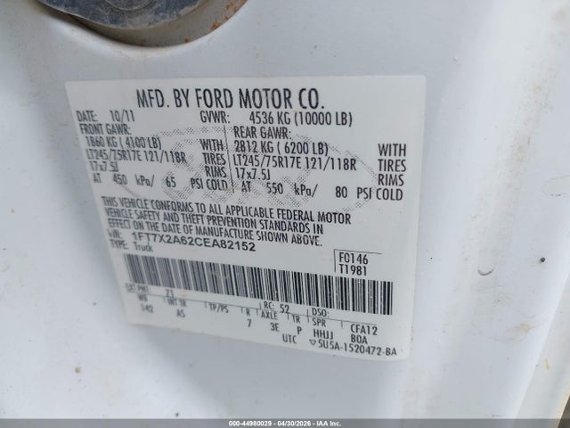 44980029 :رقم المزاد ، 1FT7X2A62CEA82152 vin ، 2012 Ford F-250 Xl مزاد بيع