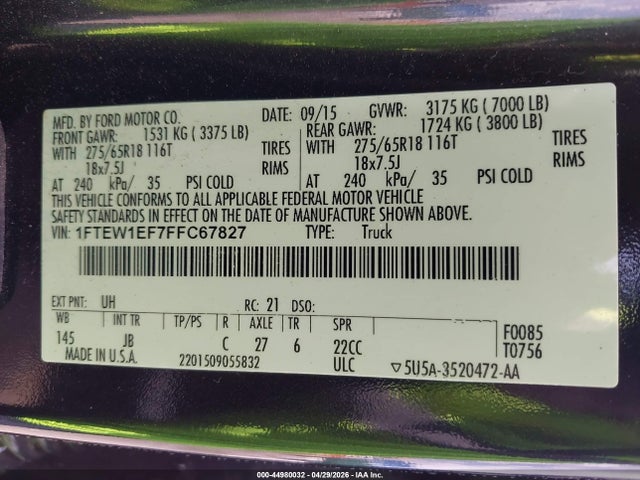 2015 Ford F-150 Xlt მანქანა იყიდება აუქციონზე, vin: 1FTEW1EF7FFC67827, აუქციონის ნომერი: 44980032