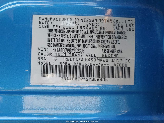 3N1AB8CV9SY302306 Nissan SENTRA SV