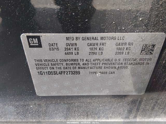 2015 Chevrolet Malibu 2lt მანქანა იყიდება აუქციონზე, vin: 1G11D5SL4FF273289, აუქციონის ნომერი: 44980042