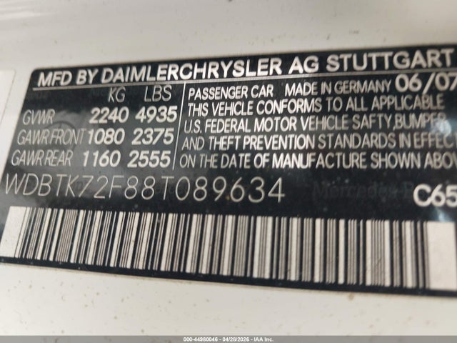 44980046 :رقم المزاد ، WDBTK72F88T089634 vin ، 2008 Mercedes-benz Clk 550 مزاد بيع
