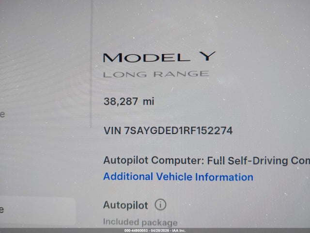 Auction sale of the 2024 Tesla Model Y Long Range Single Motor Rear-wheel Drive/rwd, vin: 7SAYGDED1RF152274, lot number: 44980053