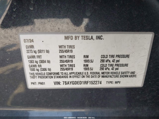 Auction sale of the 2024 Tesla Model Y Long Range Single Motor Rear-wheel Drive/rwd, vin: 7SAYGDED1RF152274, lot number: 44980053