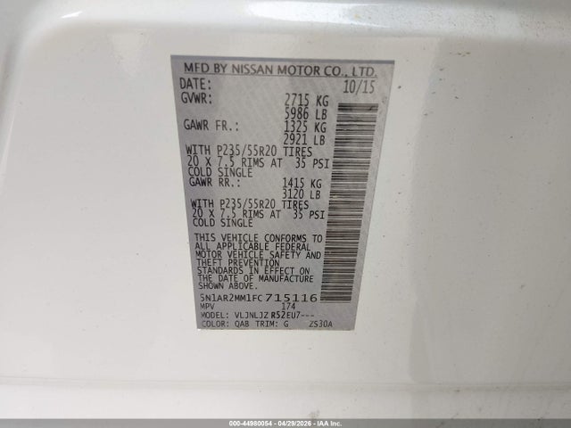 Nissan Pathfinder Platinum 2015 5N1AR2MM1FC715116 Image 9