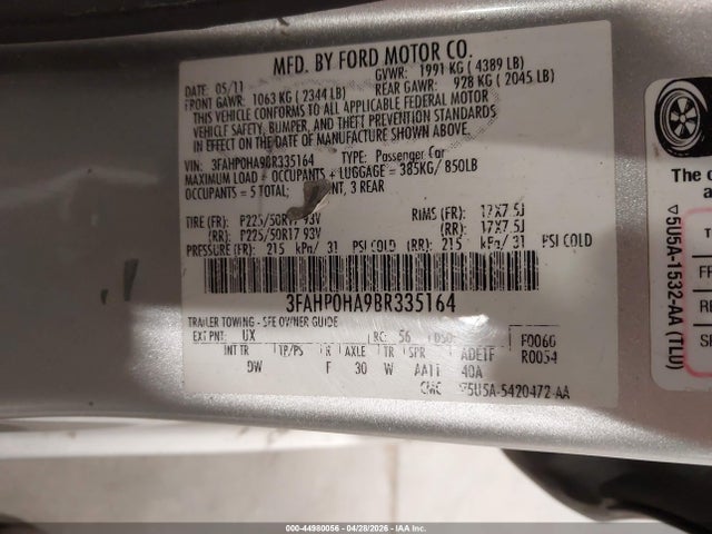 2011 Ford Fusion Se მანქანა იყიდება აუქციონზე, vin: 3FAHP0HA9BR335164, აუქციონის ნომერი: 44980056