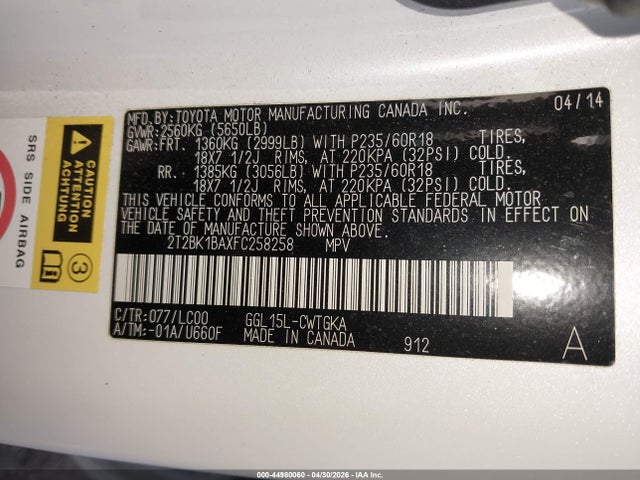 Aukcja sprzedaży 2015 Lexus Rx 350, vin: 2T2BK1BAXFC258258, numer aukcji: 44980060