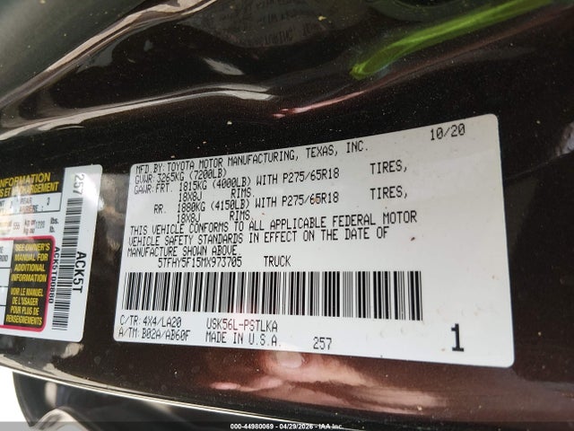 Продаж на аукціоні авто 2021 Toyota Tundra Limited, vin: 5TFHY5F15MX973705, номер лоту: 44980069