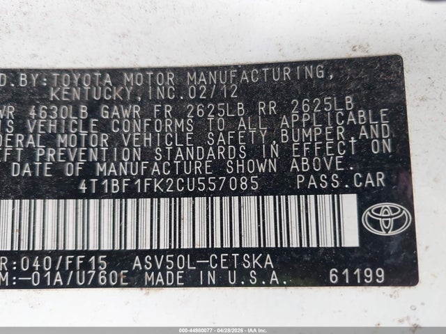 44980077 :رقم المزاد ، 4T1BF1FK2CU557085 vin ، 2012 Toyota Camry Se مزاد بيع