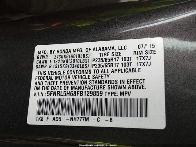 Продажа на аукционе авто 2015 Honda Odyssey Ex-l, vin: 5FNRL5H68FB129859, номер лота: 44980080