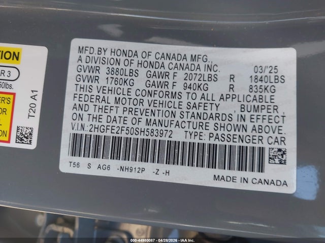 Продажа на аукционе авто 2025 Honda Civic Sport, vin: 2HGFE2F50SH583972, номер лота: 44980087
