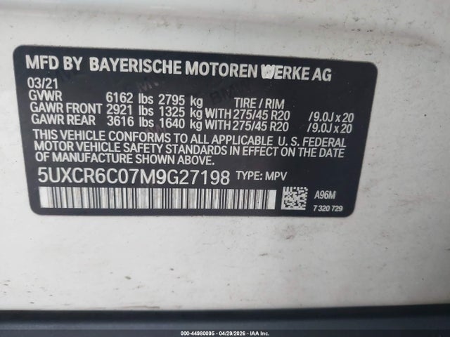 Aukcja sprzedaży 2021 Bmw X5 Xdrive40i, vin: 5UXCR6C07M9G27198, numer aukcji: 44980095