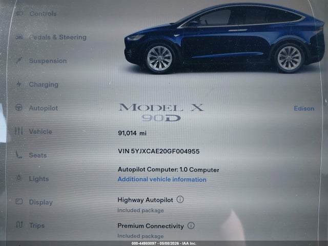 Продаж на аукціоні авто 2016 Tesla Model X 60d/70d/75d/90d, vin: 5YJXCAE20GF004955, номер лоту: 44980097