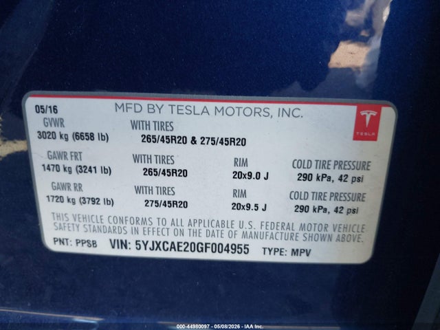 Продаж на аукціоні авто 2016 Tesla Model X 60d/70d/75d/90d, vin: 5YJXCAE20GF004955, номер лоту: 44980097