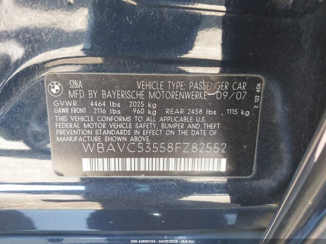 2008 Bmw 328i მანქანა იყიდება აუქციონზე, vin: WBAVC53558FZ82552, აუქციონის ნომერი: 44980104