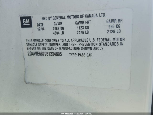 44980123 :رقم المزاد ، 2G4WE567951234805 vin ، 2005 Buick Lacrosse Cxs مزاد بيع