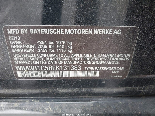 Aukcja sprzedaży 2014 Bmw 320i, vin: WBA3B1C58EK131383, numer aukcji: 44980125