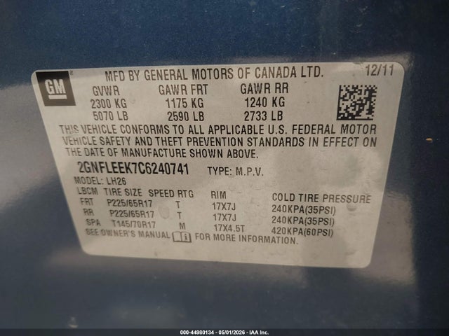 44980134 :رقم المزاد ، 2GNFLEEK7C6240741 vin ، 2012 Chevrolet Equinox 1lt مزاد بيع