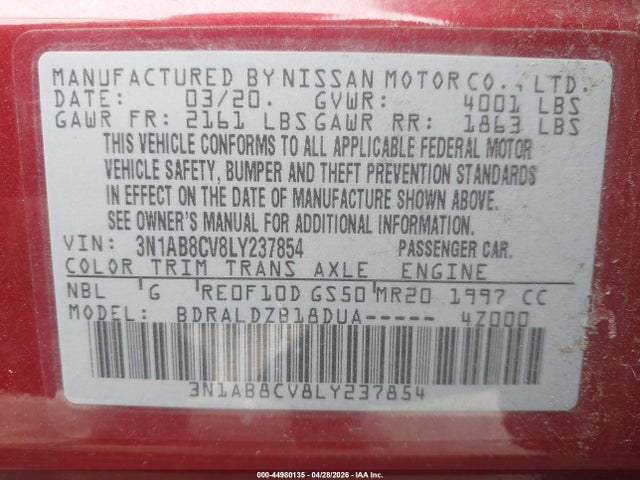 Aukcja sprzedaży 2020 Nissan Sentra Sv Xtronic Cvt, vin: 3N1AB8CV8LY237854, numer aukcji: 44980135