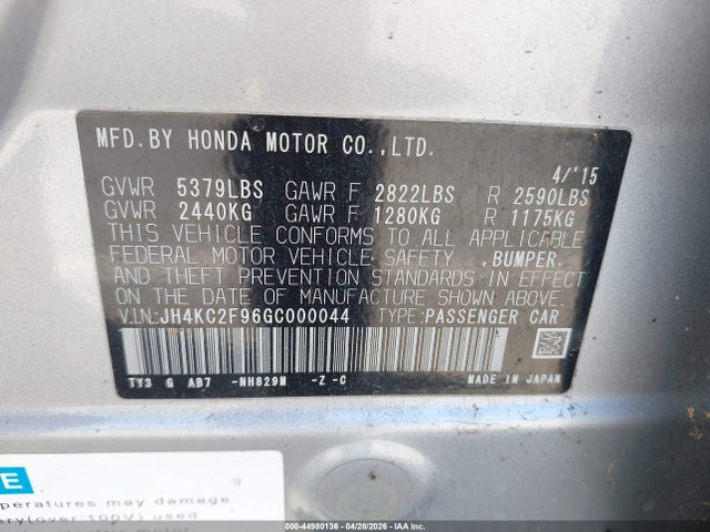 Aukcja sprzedaży 2016 Acura Rlx Sport Hybrid Advance Package, vin: JH4KC2F96GC000044, numer aukcji: 44980136