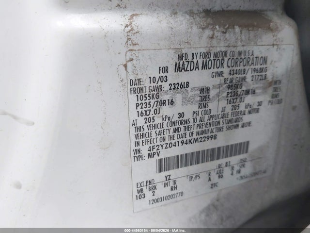 Aukcja sprzedaży 2004 Mazda Tribute Lx V6, vin: 4F2YZ04194KM22998, numer aukcji: 44980154