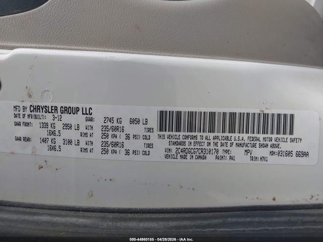44980155 :رقم المزاد ، 2C4RDGCG7CR310170 vin ، 2012 Dodge Grand Caravan Sxt مزاد بيع
