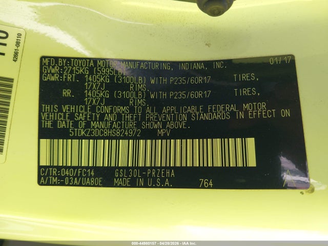 5TDKZ3DC8HS824972 Toyota Sienna Le 8 Passenger