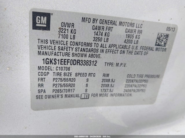 Aukcja sprzedaży 2013 Gmc Yukon Denali, vin: 1GKS1EEF0DR338312, numer aukcji: 44980159