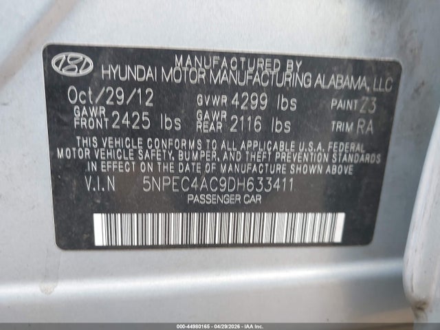 Продажа на аукционе авто 2013 Hyundai Sonata Limited, vin: 5NPEC4AC9DH633411, номер лота: 44980165