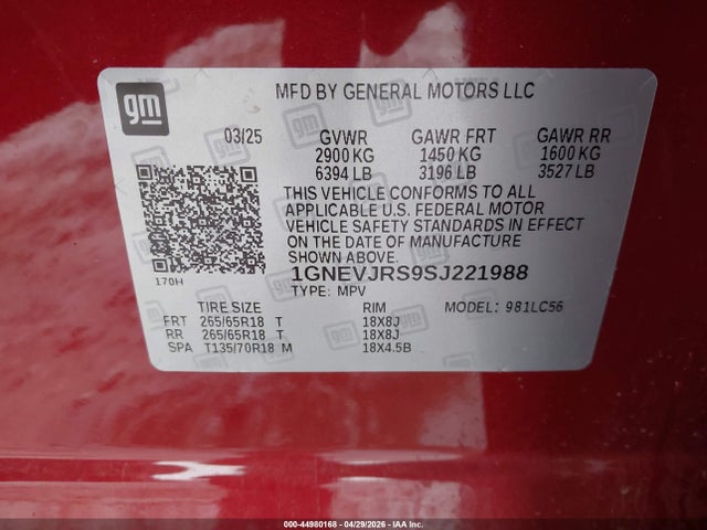 Продажа на аукционе авто 2025 Chevrolet Traverse Awd Z71, vin: 1GNEVJRS9SJ221988, номер лота: 44980168