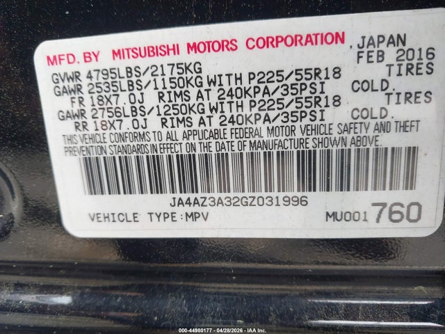 Aukcja sprzedaży 2016 Mitsubishi Outlander Es, vin: JA4AZ3A32GZ031996, numer aukcji: 44980177