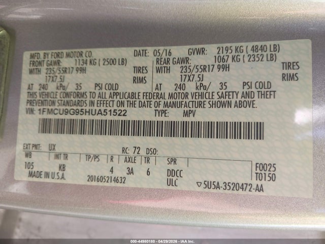 Продаж на аукціоні авто 2017 Ford Escape Se, vin: 1FMCU9G95HUA51522, номер лоту: 44980180