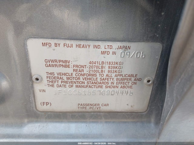 2007 Subaru Impreza 2.5i მანქანა იყიდება აუქციონზე, vin: JF1GG61657G804446, აუქციონის ნომერი: 44980182