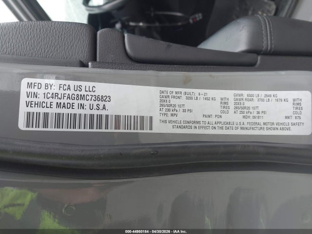 Продаж на аукціоні авто 2021 Jeep Grand Cherokee Laredo X 4x4, vin: 1C4RJFAG8MC736823, номер лоту: 44980184