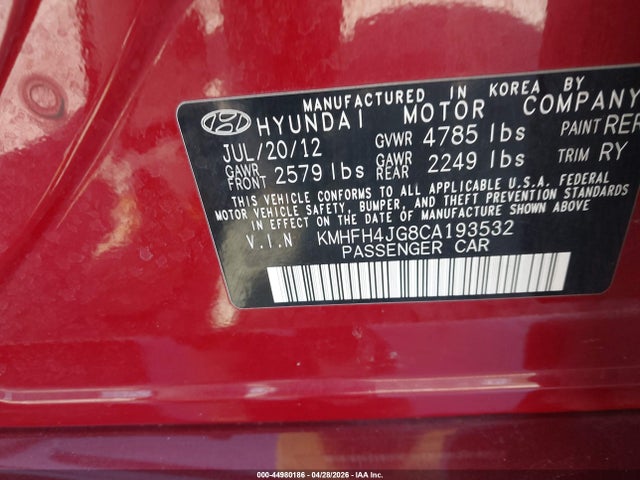 2012 Hyundai Azera მანქანა იყიდება აუქციონზე, vin: KMHFH4JG8CA193532, აუქციონის ნომერი: 44980186