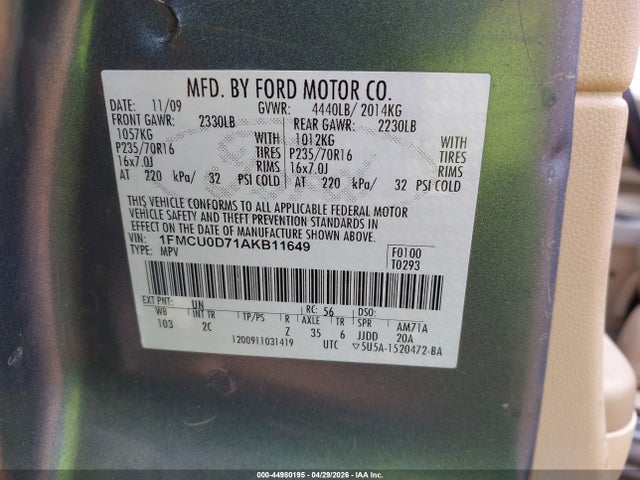 Aukcja sprzedaży 2010 Ford Escape Xlt, vin: 1FMCU0D71AKB11649, numer aukcji: 44980195